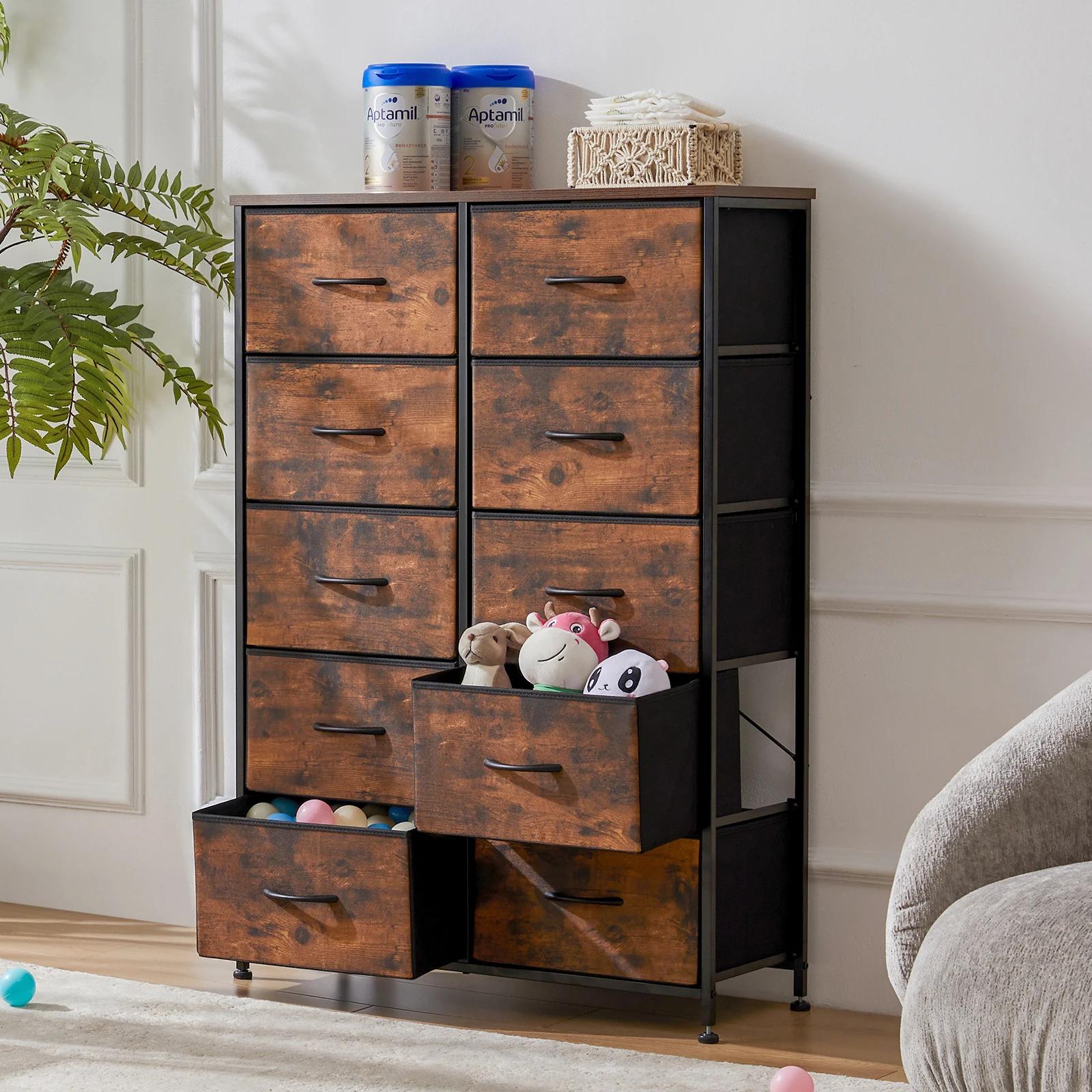 JHK Table de chevet pour chambre à coucher avec 10 tiroirs en tissu armoire cadre en acier placard p