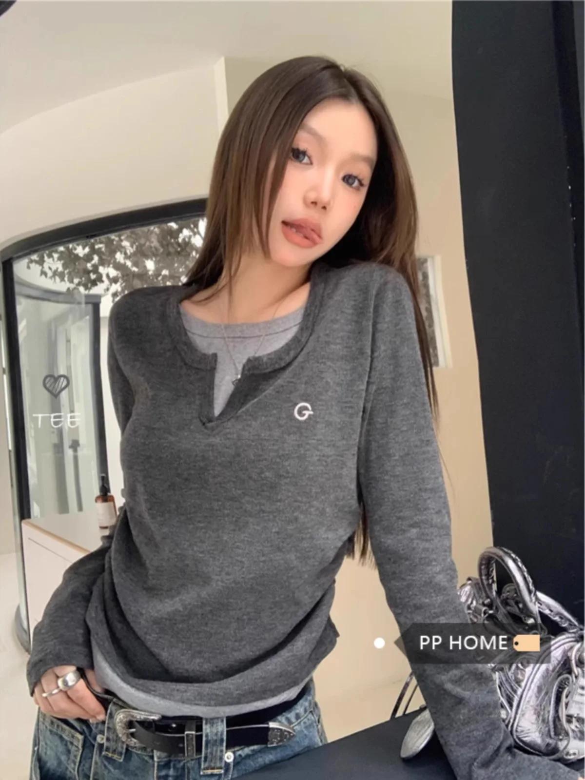 T-shirt femme faux deux pièces T-shirt à manches longues pour l'automne et l'hiver coupe ajustée et