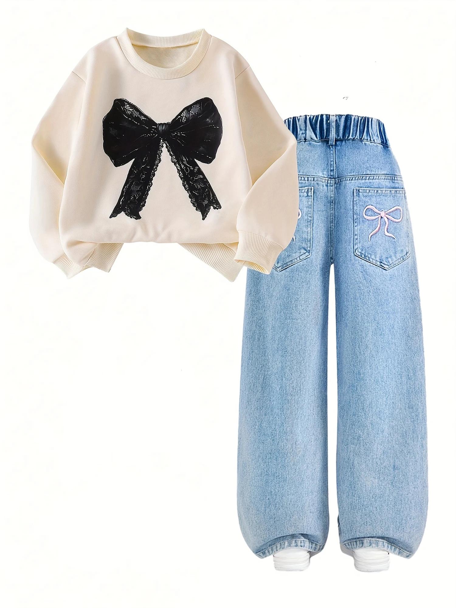 【Couplement haut + pantalon】 Ensemble à capuche + jean cousu à nœud à la mode pour fille, un tenue d