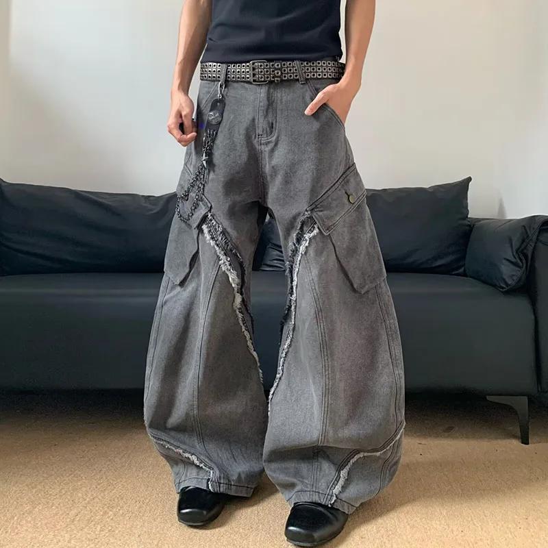 Jean Vintage coréen pour hommes, épissure, fermeture éclair poilue, Micro corne, pantalon ample à ja