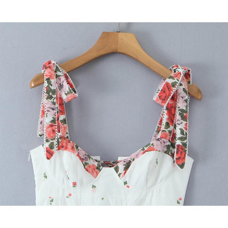 YENKYE romantique fleur imprimé Patchwork blanc fronde robe d'été femmes à lacets pansement dos a-li