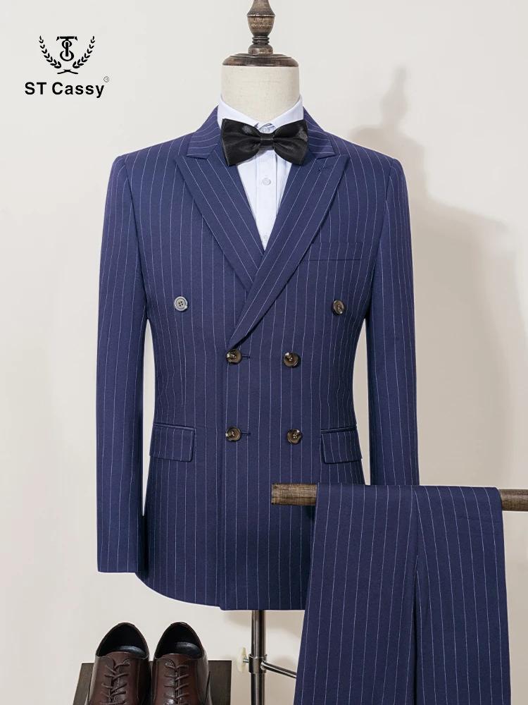 Costumes rayés bleus de haute qualité ST Cassy pour hommes, coupe ajustée, vêtements de luxe pour ho