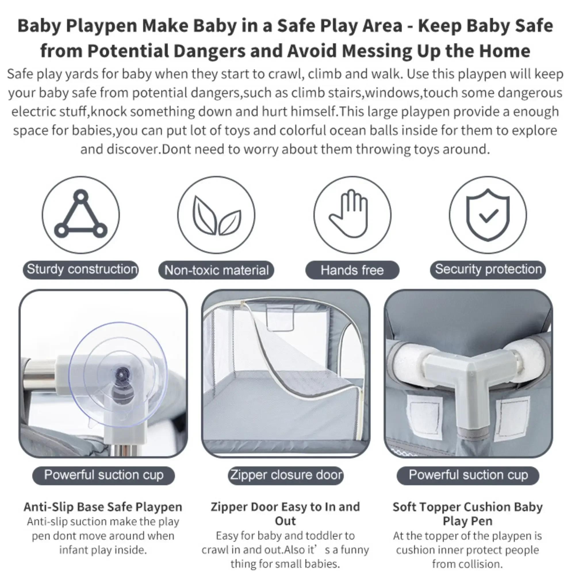 Parc de jeu pour bébé gris clair avec anneaux de traction, barrière de sécurité pour enfant, boîte à