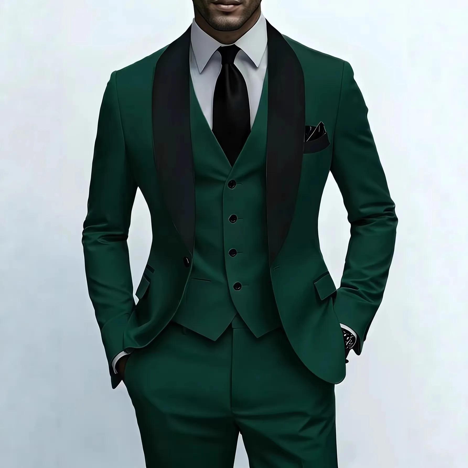 Costume formel trois pièces à col feuille verte pour hommes | Conception de couleurs contrastées,