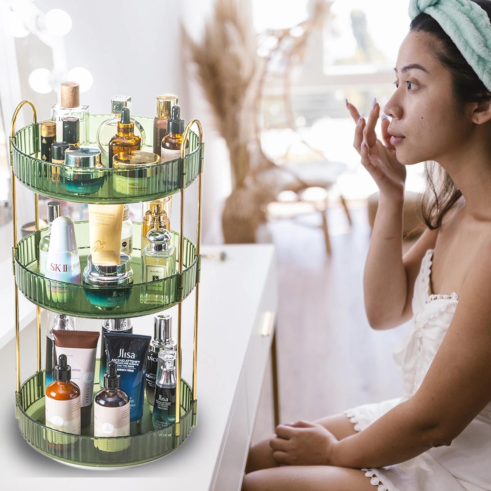 Organisateur de maquillage rotatif pour vanité à 3 niveaux, haute capacité pour soins de la peau, st