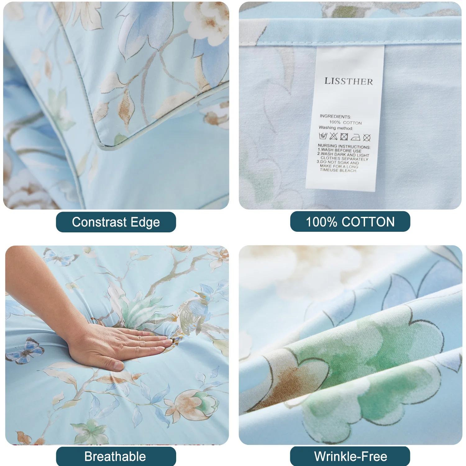 Ensemble de housse de couette 3 pièces 600TC 100% coton égyptien, Vintage bleu clair oiseau aquarell