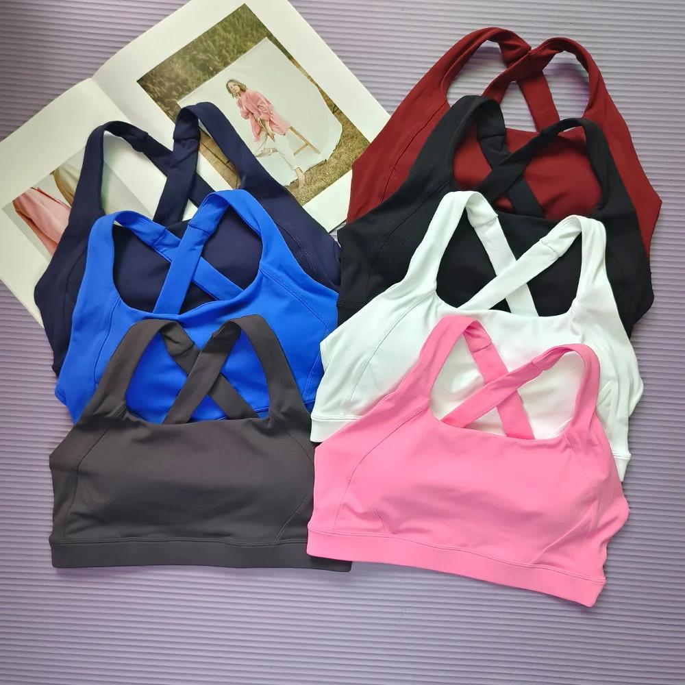 Soutien-gorge de sport dos croisé de couleur unie, gilet de yoga Pilates absorbant les chocs à sécha