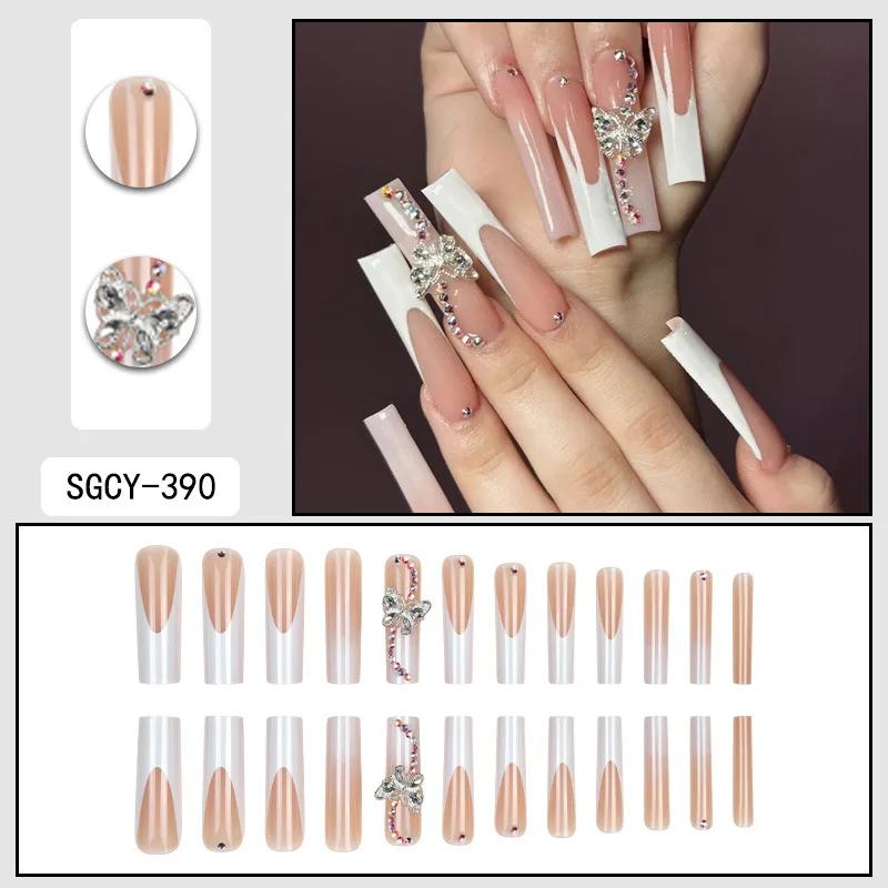 24 pièces de faux ongles Ultra longs en forme de cercueil, à pression, motif français, dégradé et fl