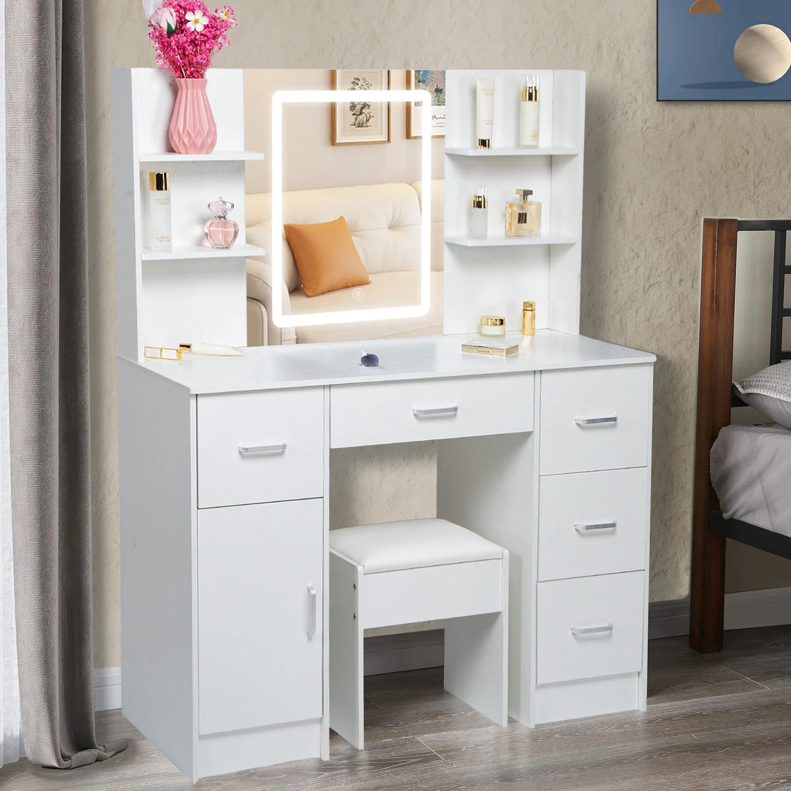 Table de maquillage avec égouts de proximité, ensemble de bureau de vanité avec étagères, commode et