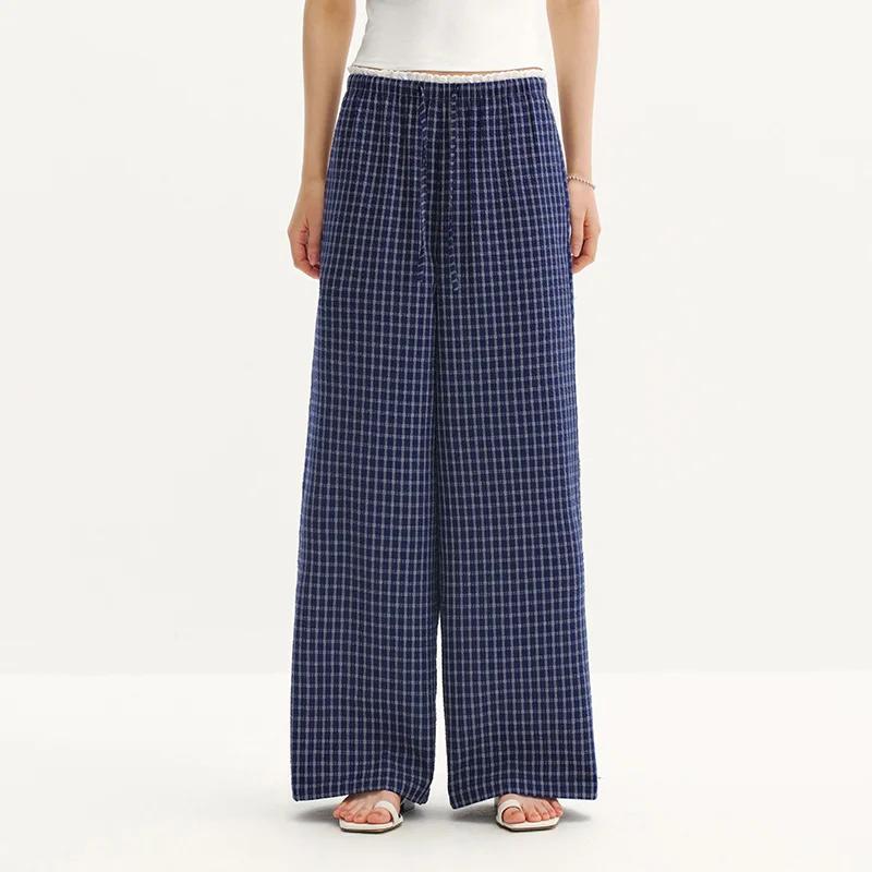 Pantalon Femme Semir à Carreaux 2026, Texturé, à Volants, Coupe Large, Style Urbain Décontracté, Dou