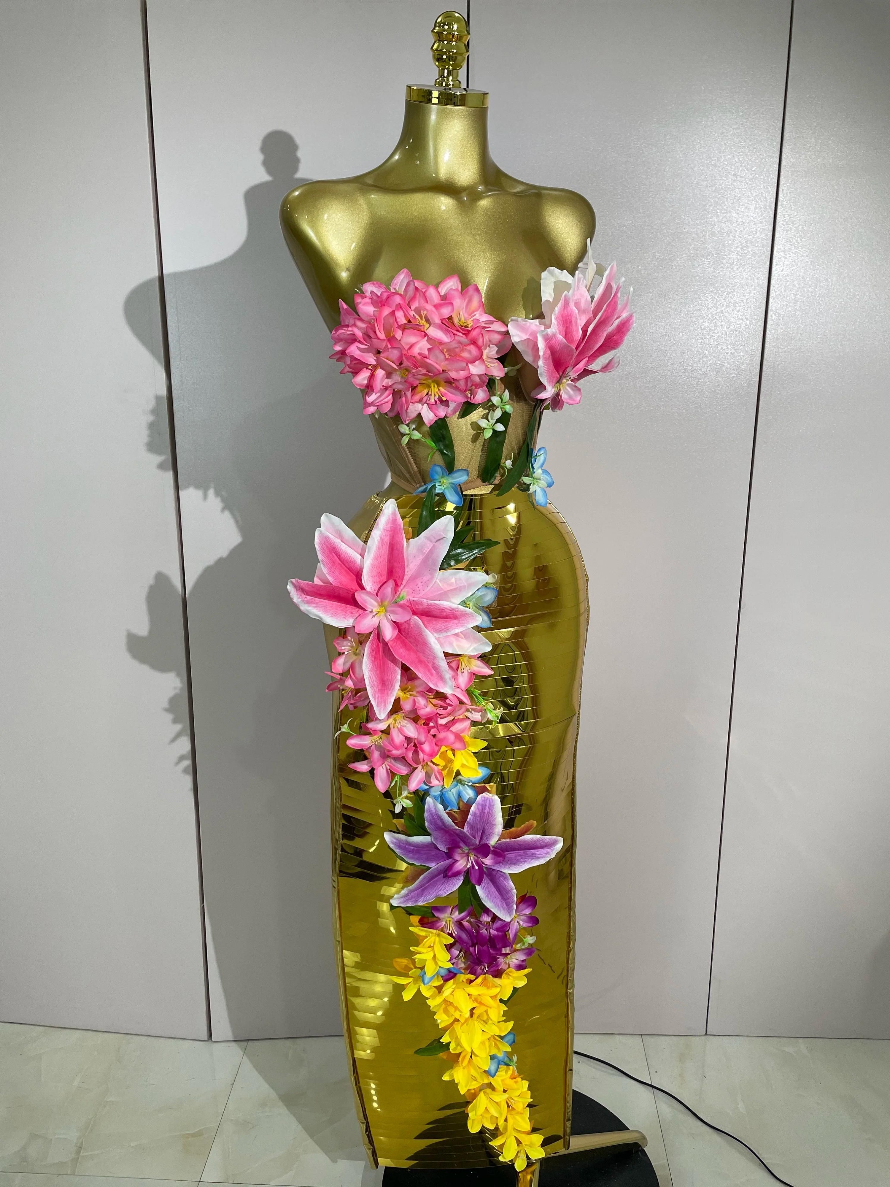 Ensemble deux pièces pour femme, haut en maille dorée à fleurs 3D élégant, robe longue moulante, soi
