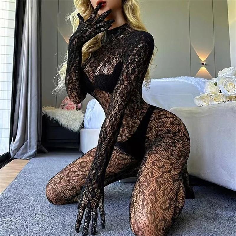 Femmes Sexy léopard évider maille body résille Lingerie à manches longues voir à travers body combin