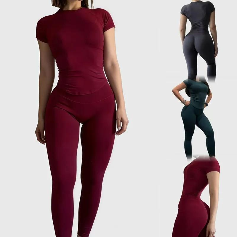 Ensemble de sport 2 pièces pour femme, haut de yoga et fitness côtelé à taille basse, ensemble court