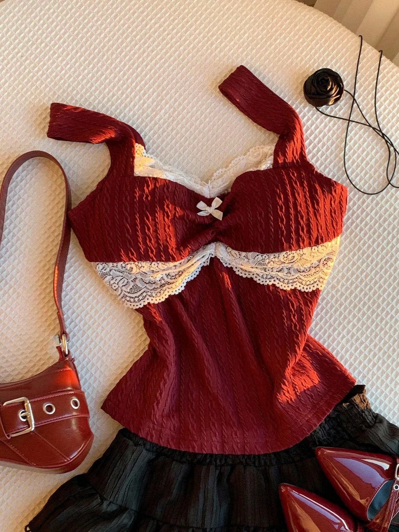 Nouveau débardeur femme Y2K tendance été avec dentelle et nœud décoratif, style pur et séduisant