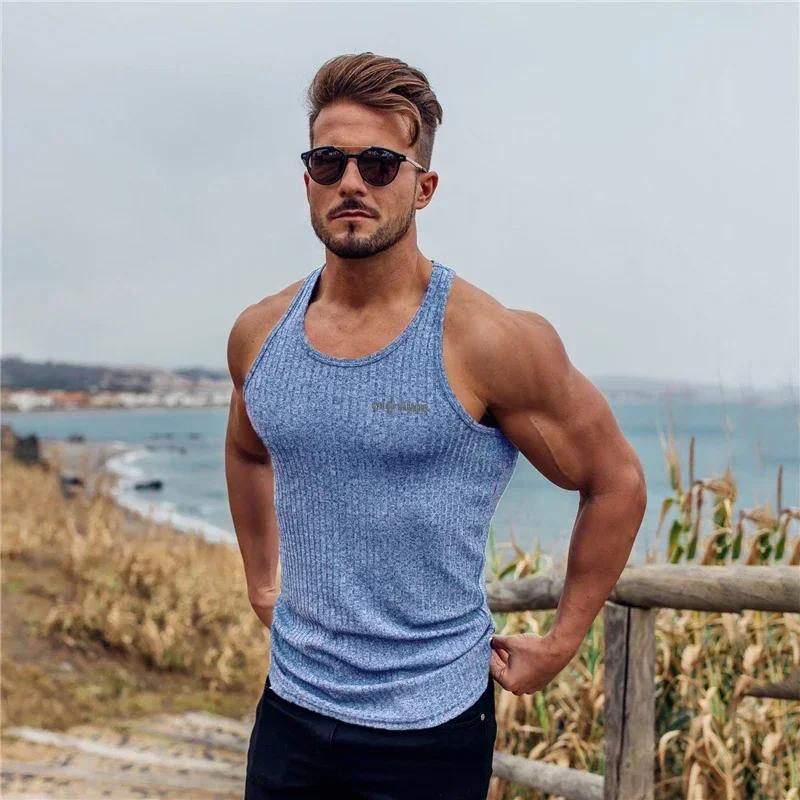 Débardeur tricoté à rayures pour hommes, chemise d'été respirante à séchage rapide, Fitness, Slim Fi