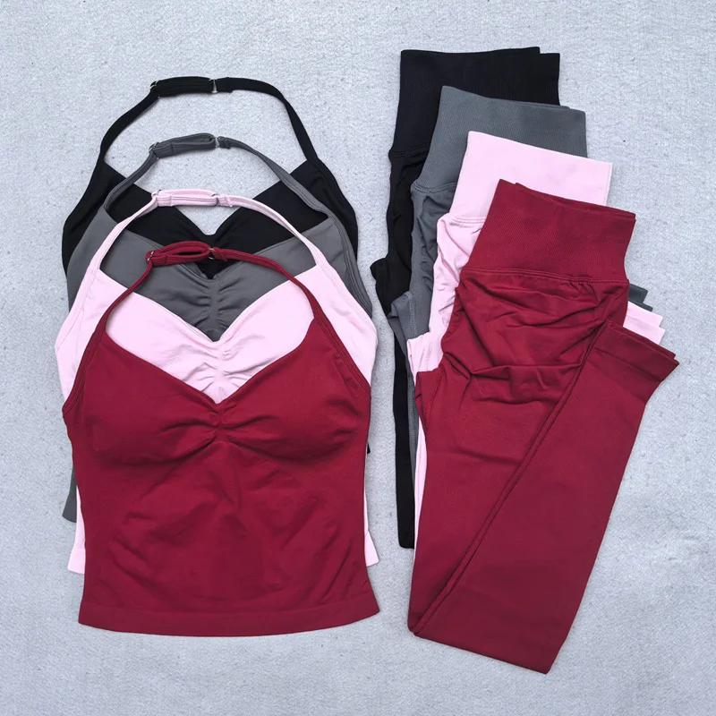 Ensemble de Yoga sans couture pour femmes, 2 pièces, débardeur rembourré, col licou, froissé, levage
