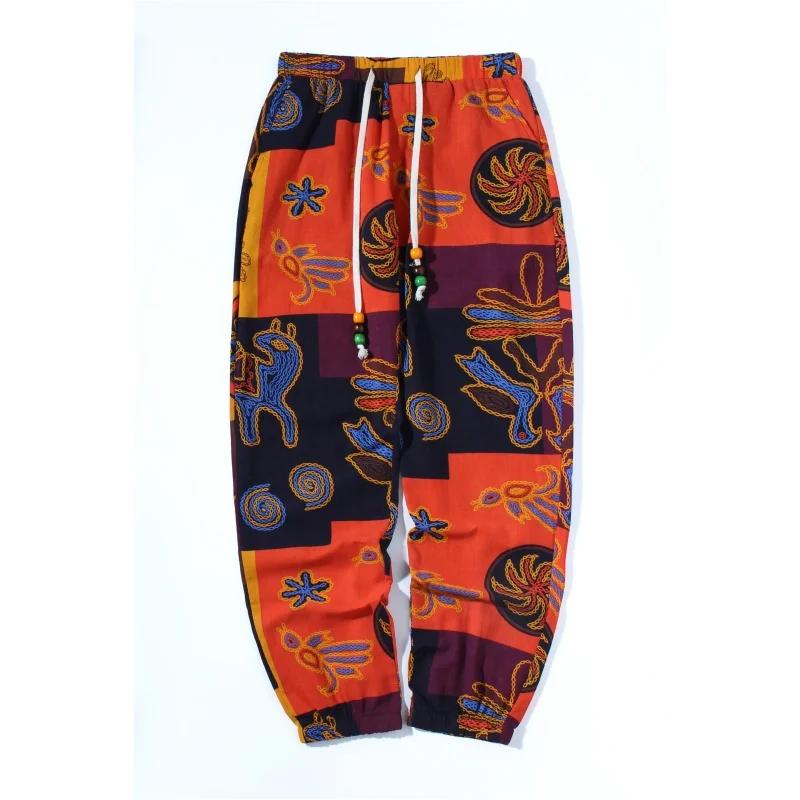 Pantalon léger en mélange de coton et de lin pour hommes, décontracté, avec cordon de serrage, impri