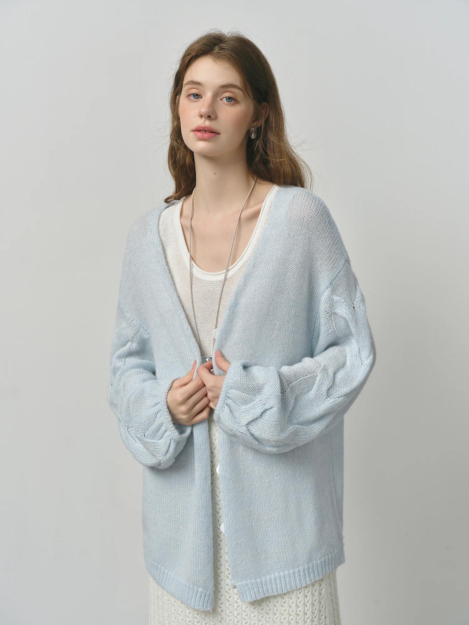 FSLE laine d'alpaga lâche paresseux câble tricoté col en v Cardigan veste femme automne 2025 nouveau