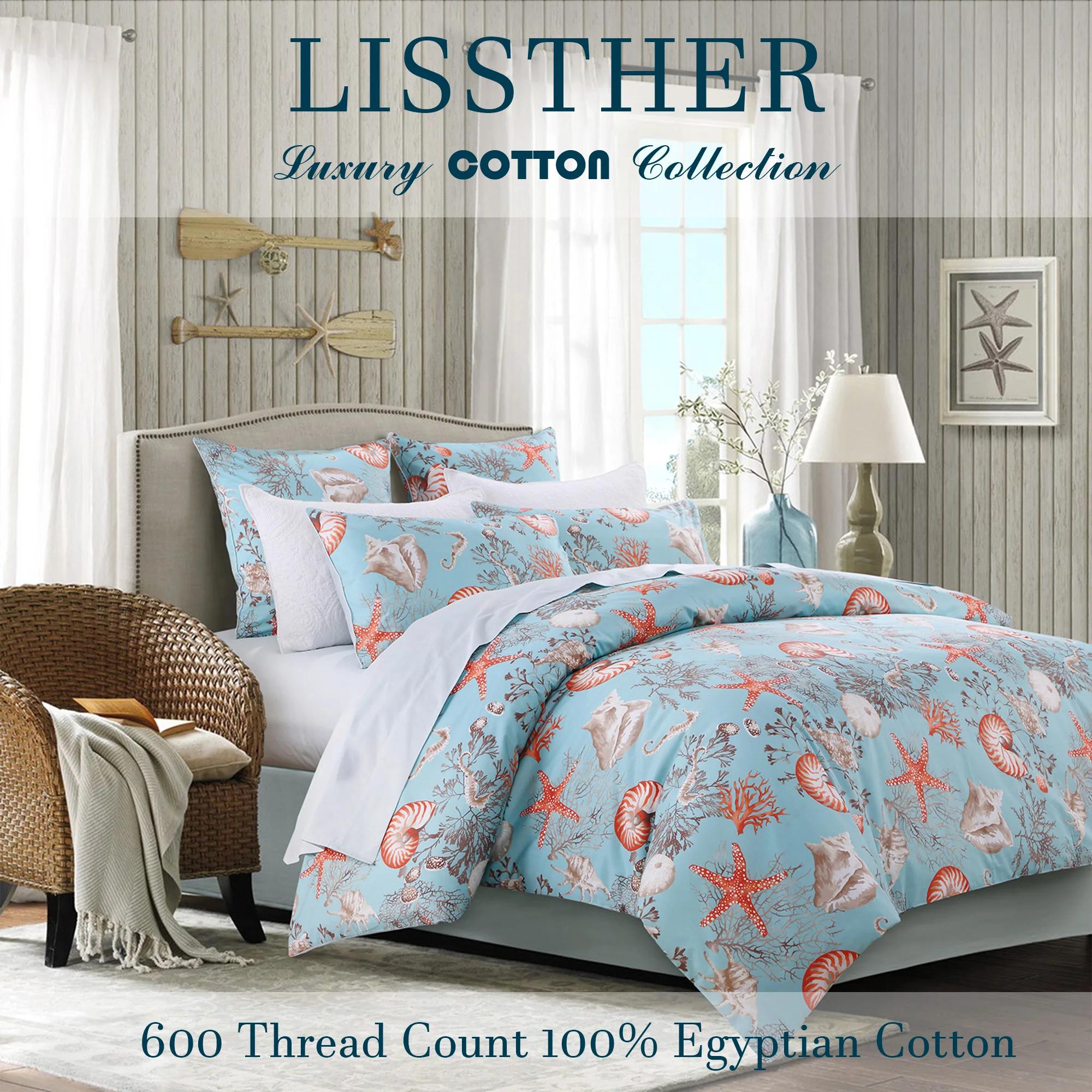 Ensemble de housse de couette 100% coton égyptien 600TC, 3 pièces, thème sous-marin bleu Vintage, do
