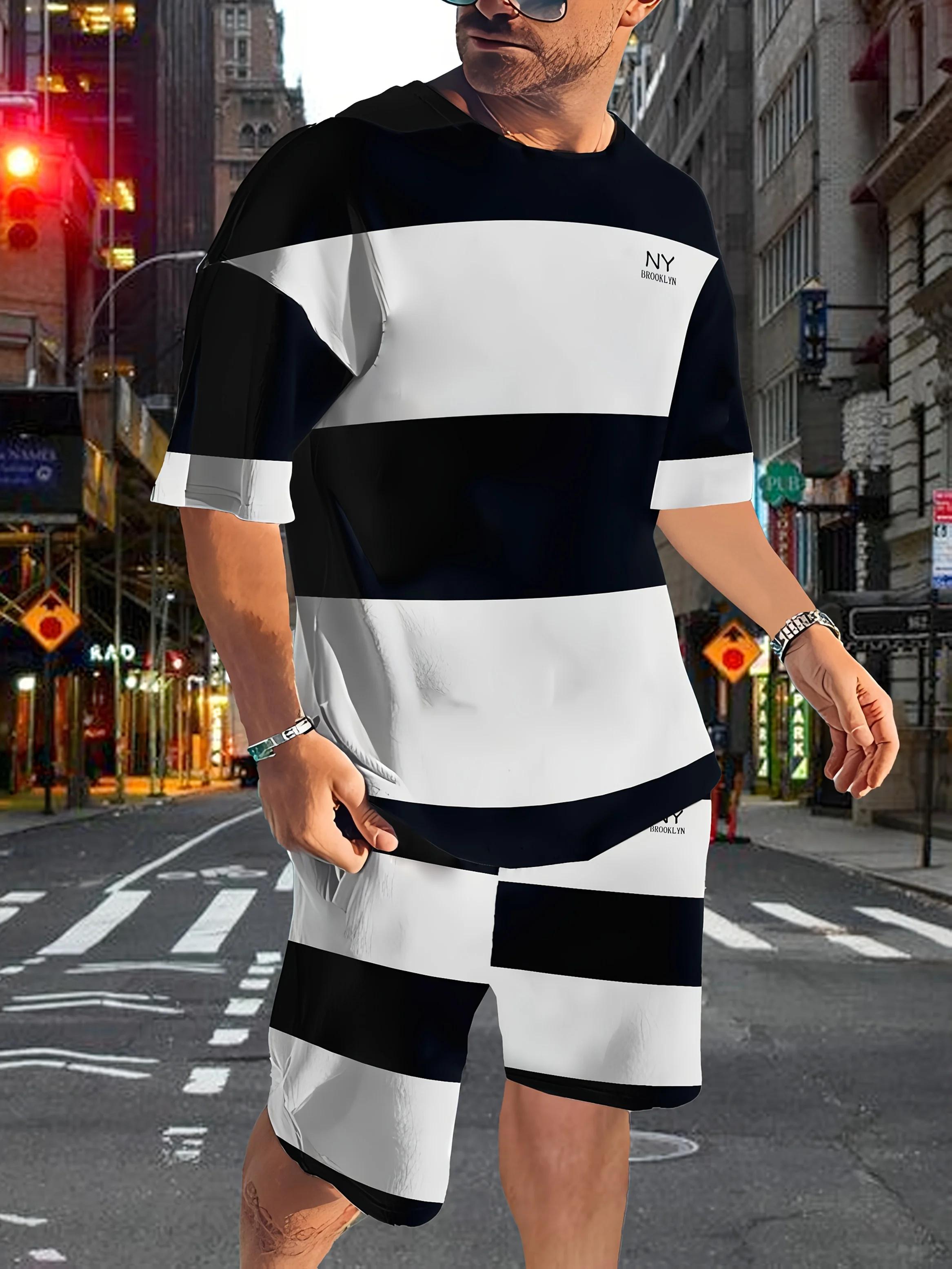 À la mode hommes été rayé imprimé micro élastique respirant col rond T-shirt ensemble short et haut