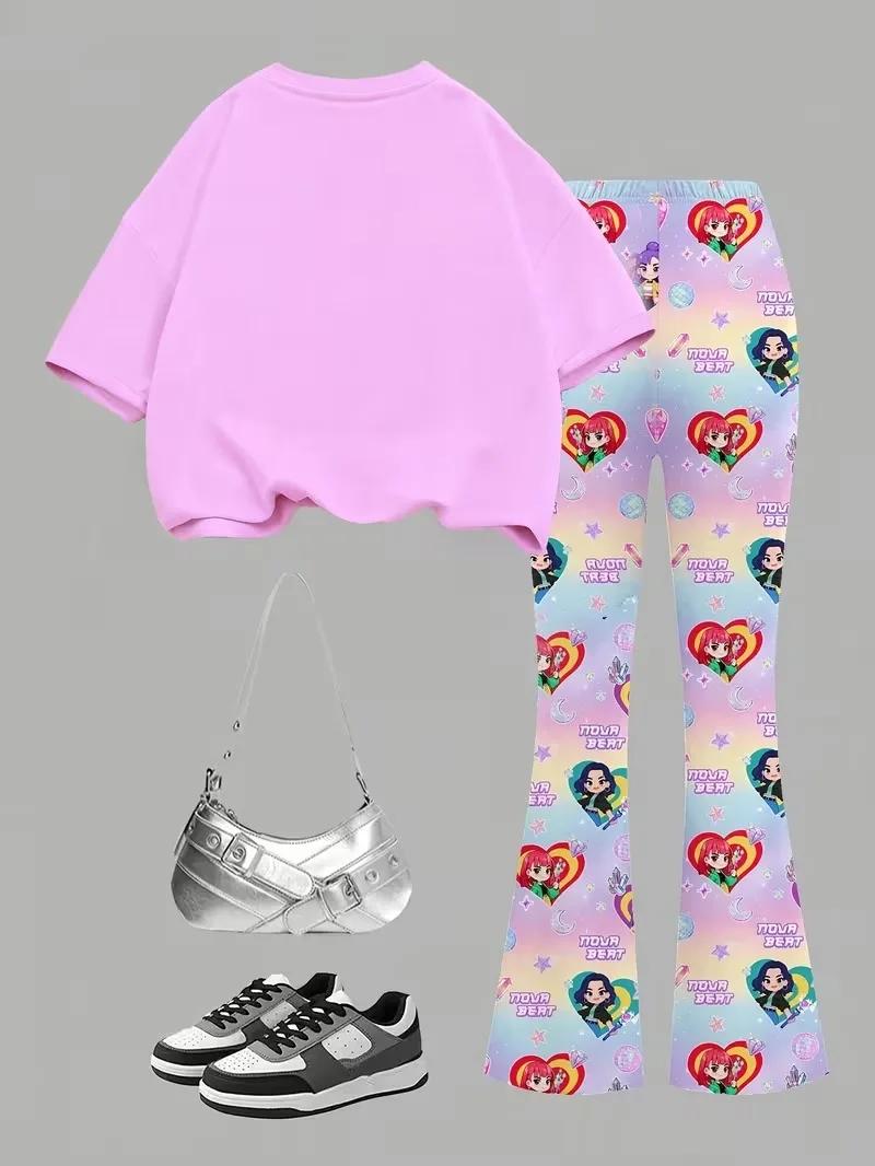 Ensemble pantalon 2 pièces Kpop Nova Beat Girls, t-shirt graphique rose et leggings évasés en forme
