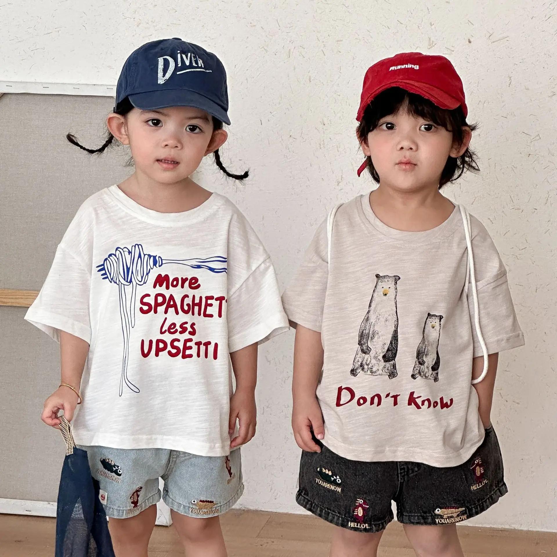 T-shirts à manches mi-longues pour enfants, amples, avec lettres de dessin animé imprimées, hauts po