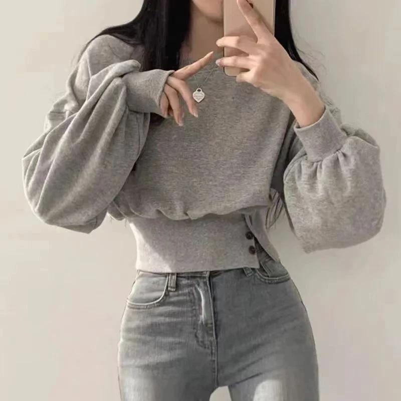 Haut court à col rond pour femme, couleur unie, manches lanternes, avec boutons, pull sportif Hip-Ho