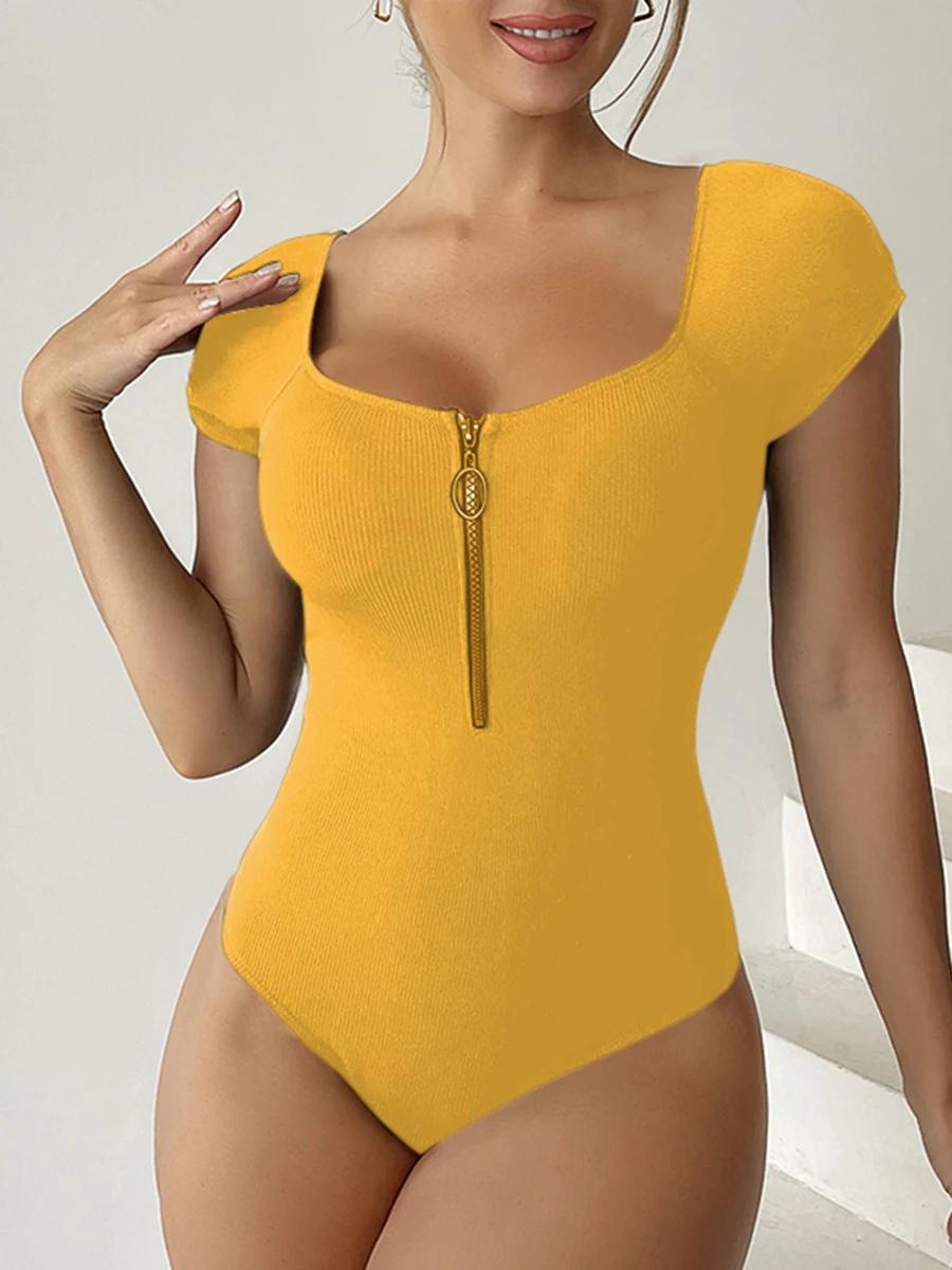 Maillot de bain une pièce à manches courtes pour femme 2026 – Maillot de bain uni avec fermeture écl
