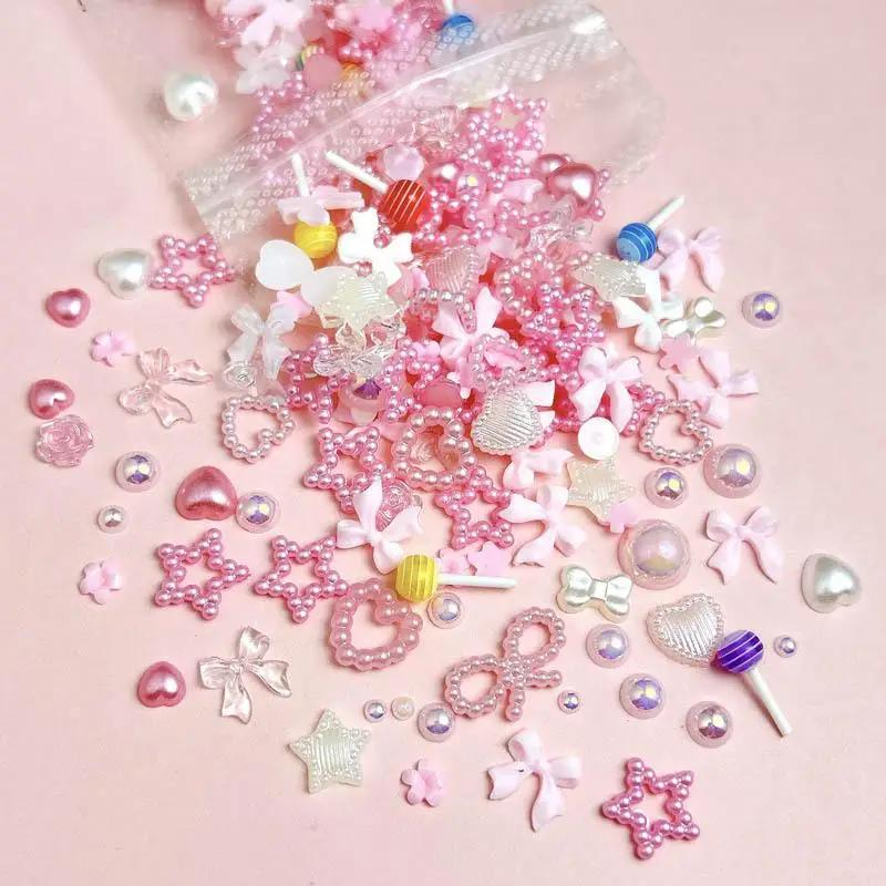 Breloques mignonnes mélangées au hasard pour ongles, nœud, fleur, étoile, coeur, perle creuse douce,