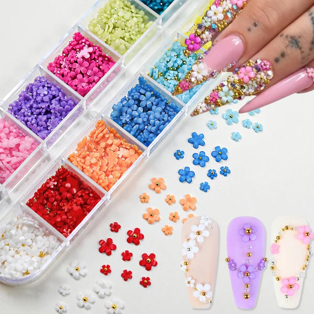 Breloques pour ongles en acrylique 3D, 12 grilles (avec perles en acier), fleurs colorées à cinq pét