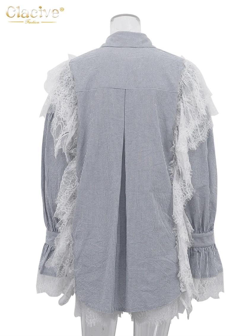 Clacive mode ample gris rayure dentelle épissé femmes deux pièces ensemble élégant à manches longues