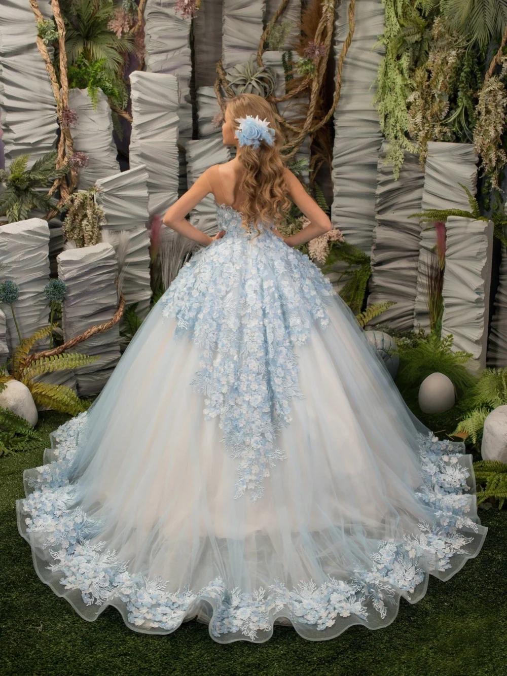 Robe de princesse florale 3D bleu clair scintillant pour filles, robe classique élégante sans manche