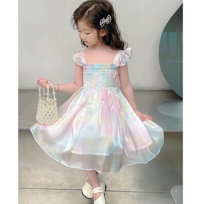 Robe princesse d'été pour filles de 1 à 8 ans, jolie robe en maille dégradée arc-en-ciel avec décora