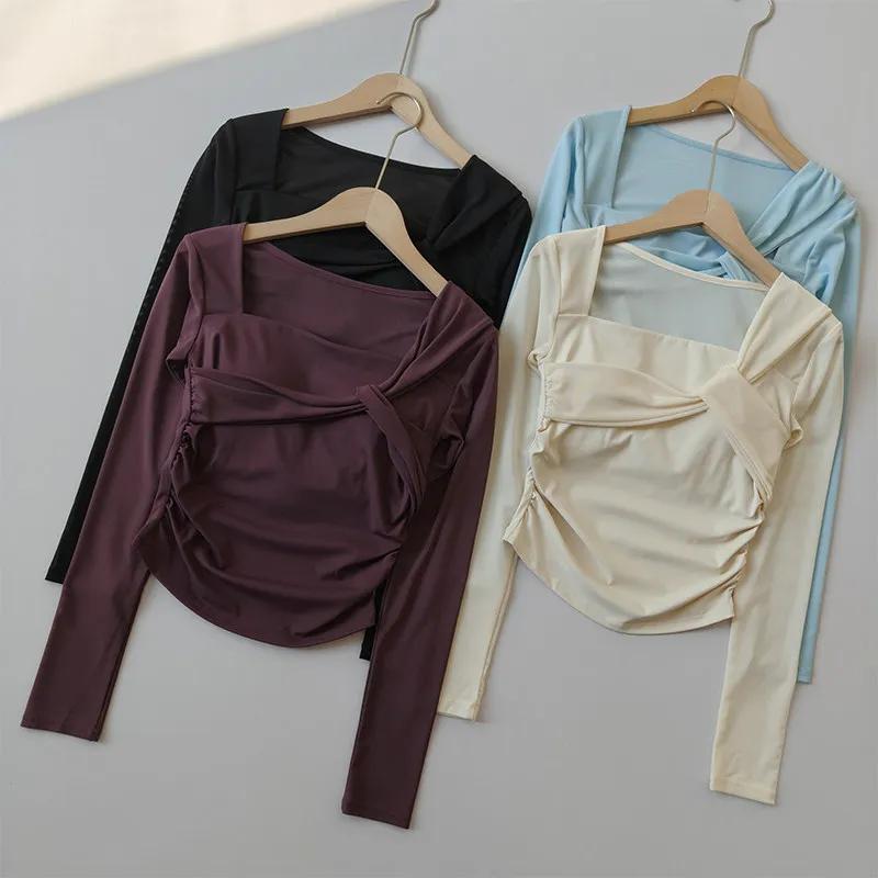 T-shirt de yoga à manches longues rembourré pour femmes, haut court sexy en maille, t-shirt de sport