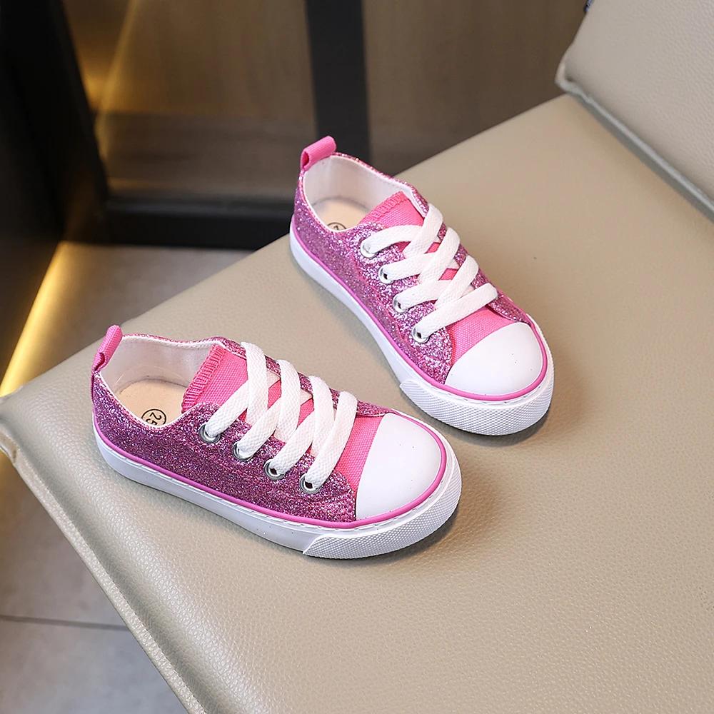 COMFY KIDS – chaussures basses en toile pour filles, Style princesse à paillettes roses, tissu respi