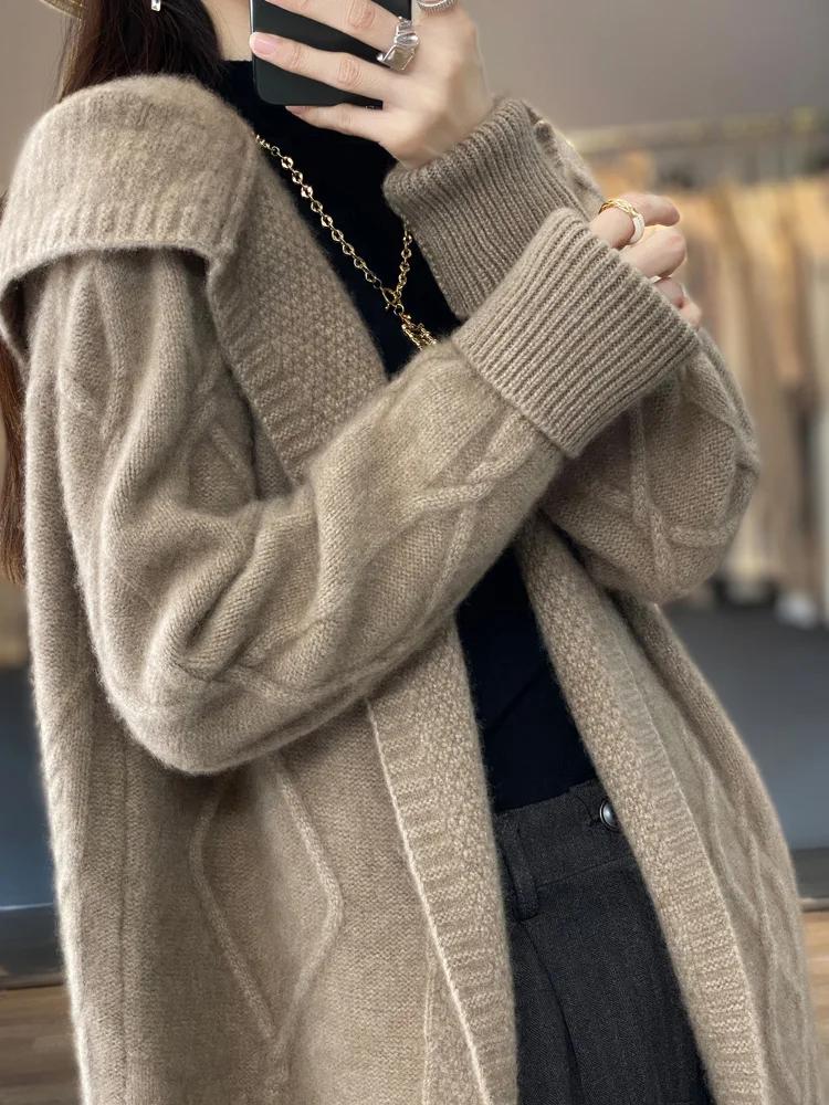 Cardigan Long en laine mérinos pour femme, pull torsadé à manches longues, manteau, ample et chaud,