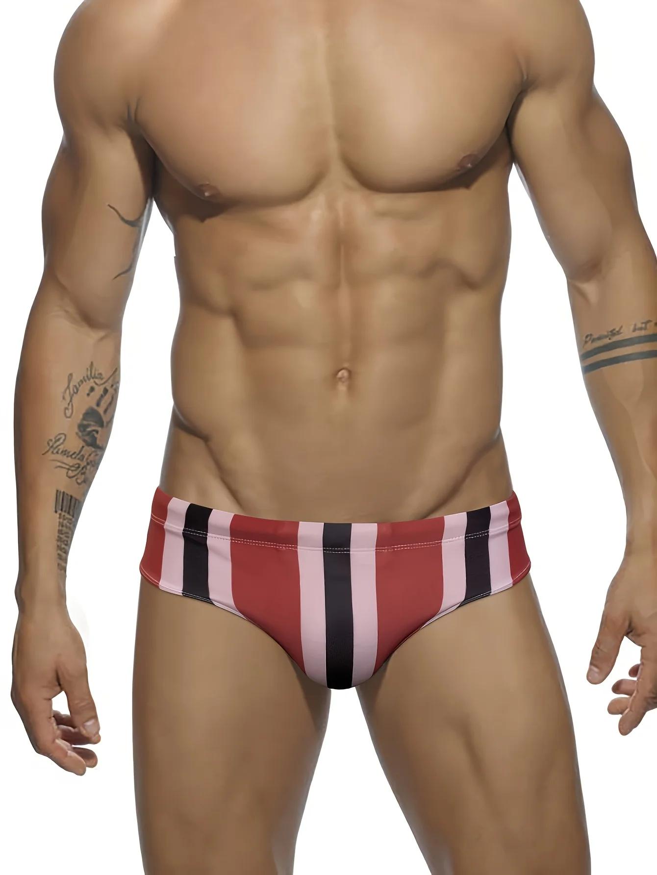 Maillot de bain triangle rayé contrasté à séchage rapide pour hommes, maillot de bain très extensibl