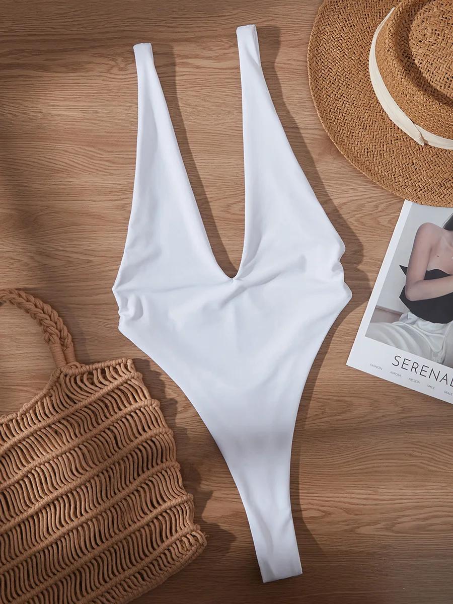 Maillot de bain une pièce pour femme, décolleté en V profond, coupe haute, string, dos nu, monokini,