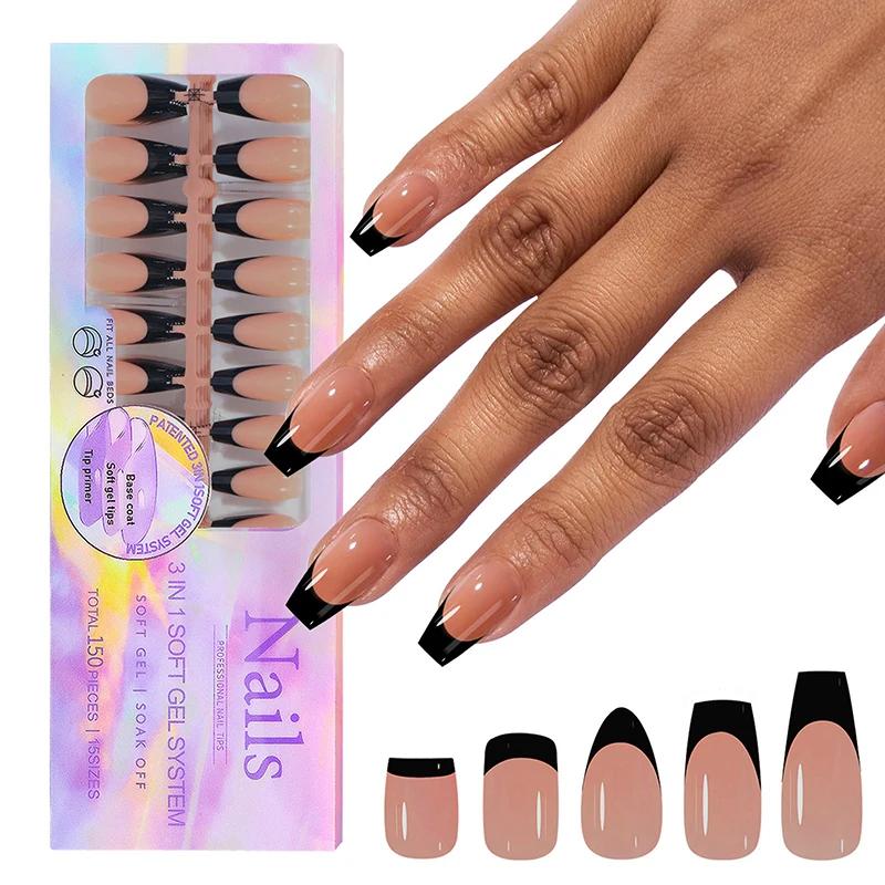 150 pièces/boîte pointes de Gel français presse sur les ongles noir café amande ongles 15 tailles fa