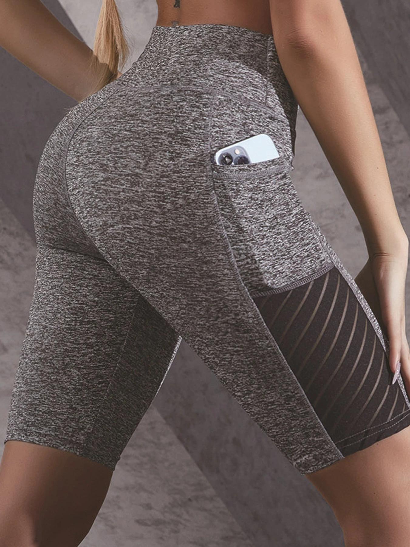 Short de yoga femme longueur genoux - Pantalon fitness taille haute avec poches et séchage rapide