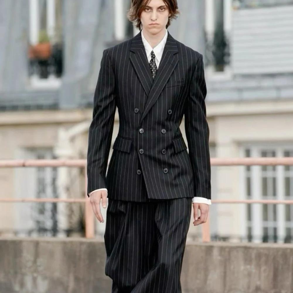 Costume ajusté à rayures noires pour hommes, ensemble 2 pièces veste et pantalon, revers cranté, Dou