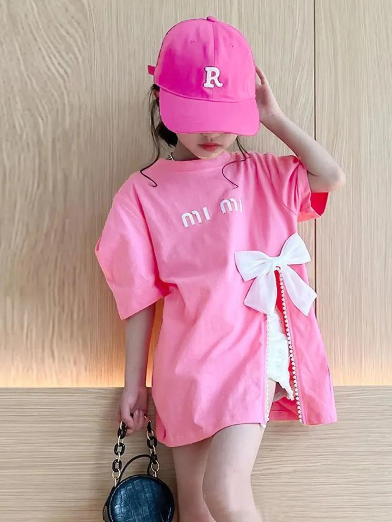 T-shirt d'été pour filles, imprimé lettres, avec nœud, coupe ample, long, pour enfants de 3 à 12 ans