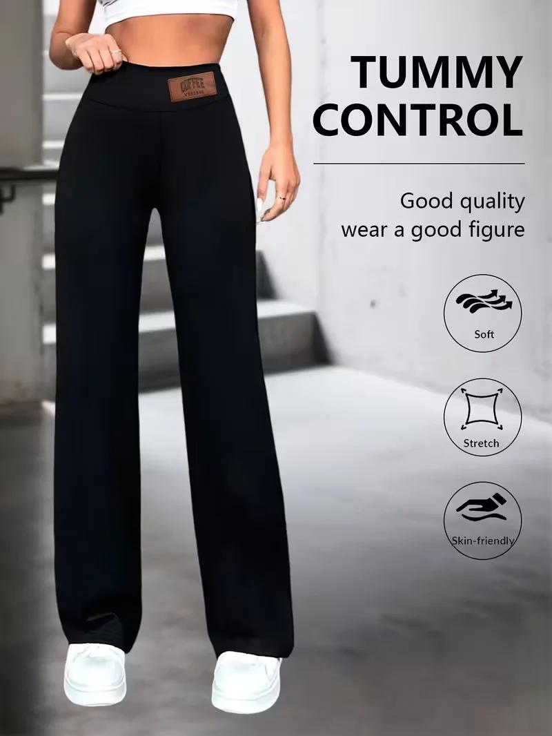 Pantalon droit taille haute pour femme, extensible, noir uni, élégant et essentiel pour le bureau, s
