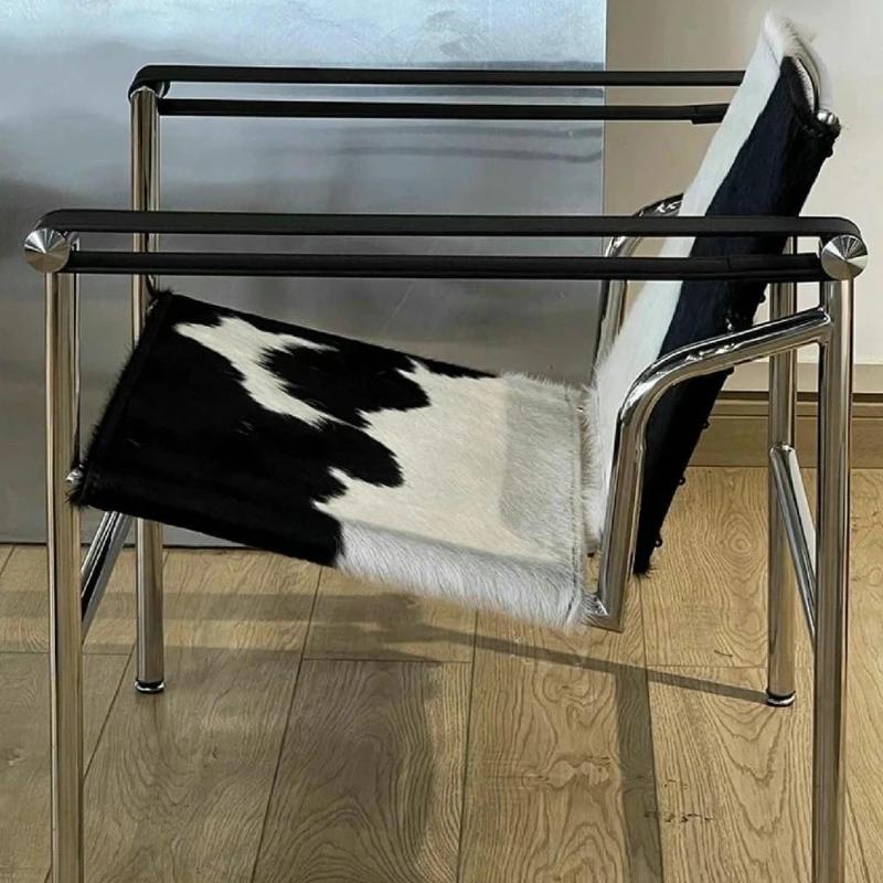 Chaise de loisirs simple en cuir et acier inoxydable, chaise pivotante d'étude de balcon de salon, c