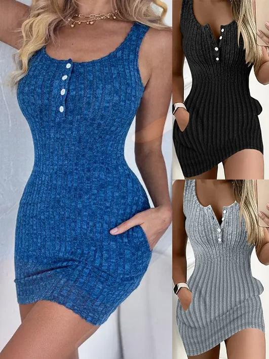 Robe débardeur à boutons sur le devant et poche, robe moulante élégante sans manches pour printemps