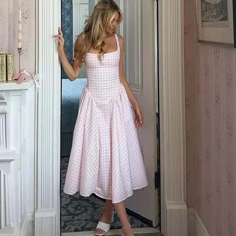 YENKYE à lacets pansement Plaid Robe à bretelles femmes élégant col carré taille basse a-ligne Midi