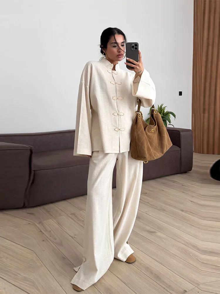 Ensemble 2 pièces mode femme en lin : haut ample à manches longues avec boutons grenouille et lacets