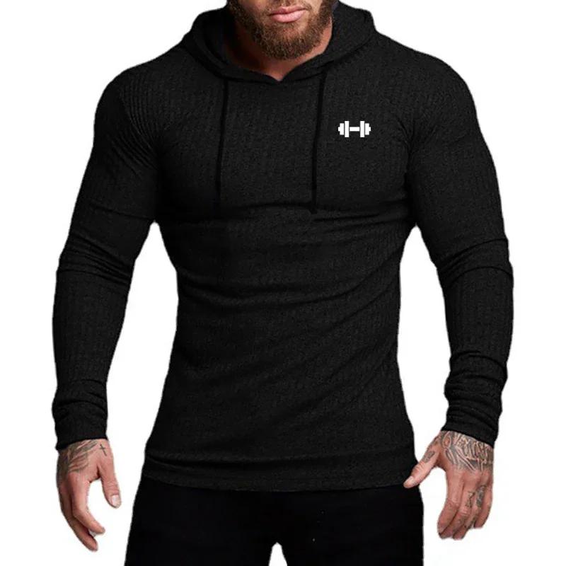 Automne rayé tricoté coupe ajustée chemise à capuche salle de Sport musculation Fitness à manches lo