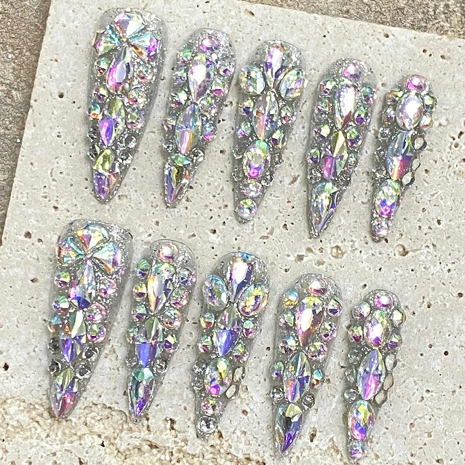 10 pièces Super Long Stiletto faux ongles conseils lumière de luxe à la main plein Flash diamant pre