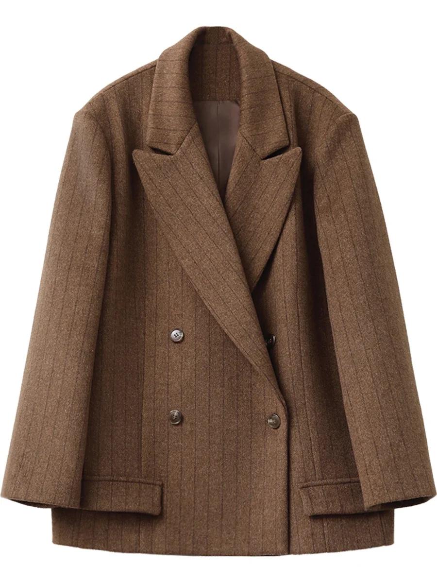 CHIC VEN-Blazer en laine vintage pour femme, veste à col en V, double boutonnage imbibé, manteau de